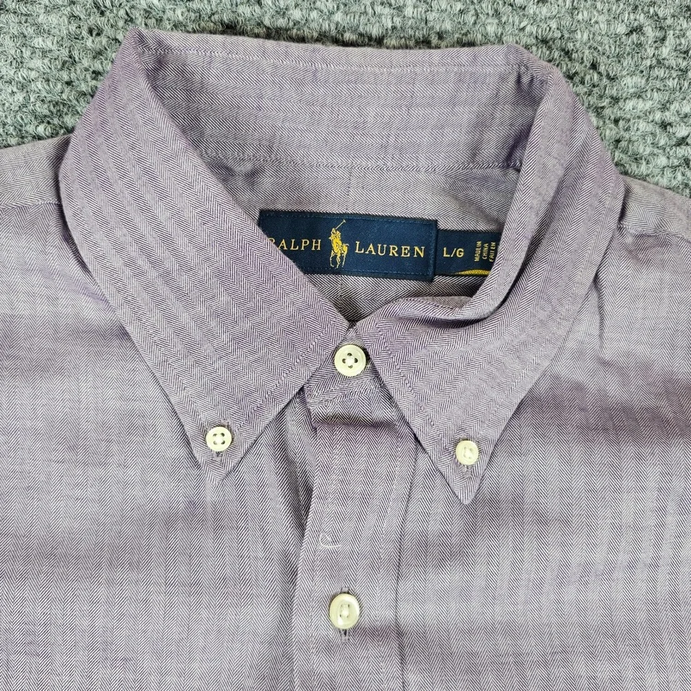 Polo Ralph‎ Lauren Mens Button Down Shirt Purple Herringbone Classic Fit Size L